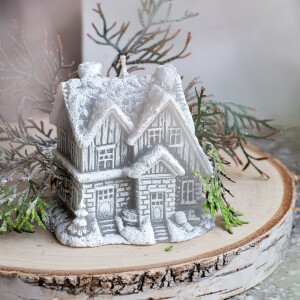 Weihnachtskerze, graues Haus aus Wachs, 3D Motivkerze