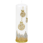 Weihnachtskerze in Weiß 19 cm hoch, mit goldenem Motiv Ø 6 cm
