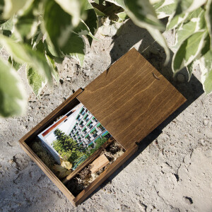 Quadratische Holzkiste, Schiebedeckel, USB-Fach, 18 × 18 × 5 cm