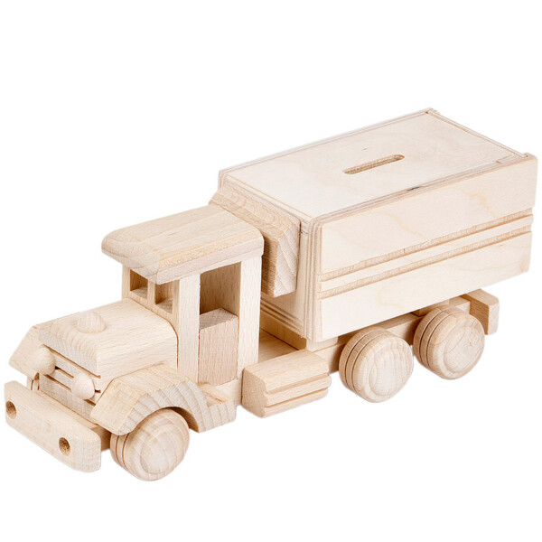 Holz-Sparschwein, Holzauto als Sparbüchse, 24 × 8 × 10 cm