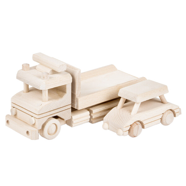 Zwei Holzautos, Abschleppwagen und Pkw aus Holz, 29 × 9 × 12 cm