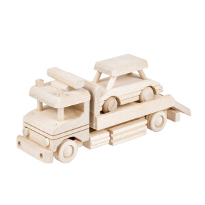 Zwei Holzautos, Abschleppwagen und Pkw aus Holz, 29 × 9 × 12 cm