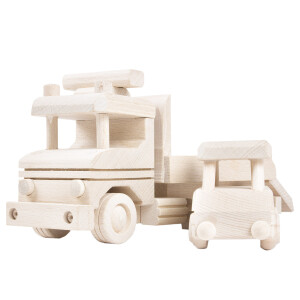 Zwei Holzautos, Abschleppwagen und Pkw aus Holz, 29 × 9 × 12 cm