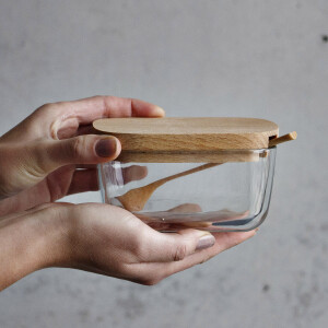Zuckerdose aus Glas mit Holzdeckel
