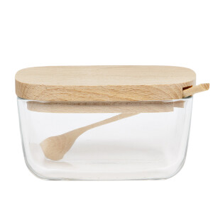 Zuckerdose aus Glas mit Holzdeckel